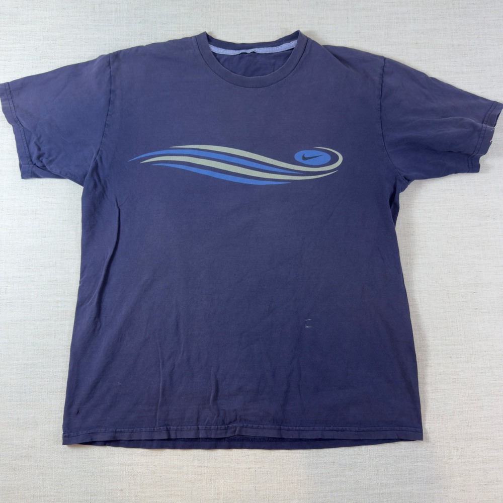 Nike Graphic T-Shirt Mens Large Navy Blue Swoosh Wave Short Sleeve Cotton AS IS